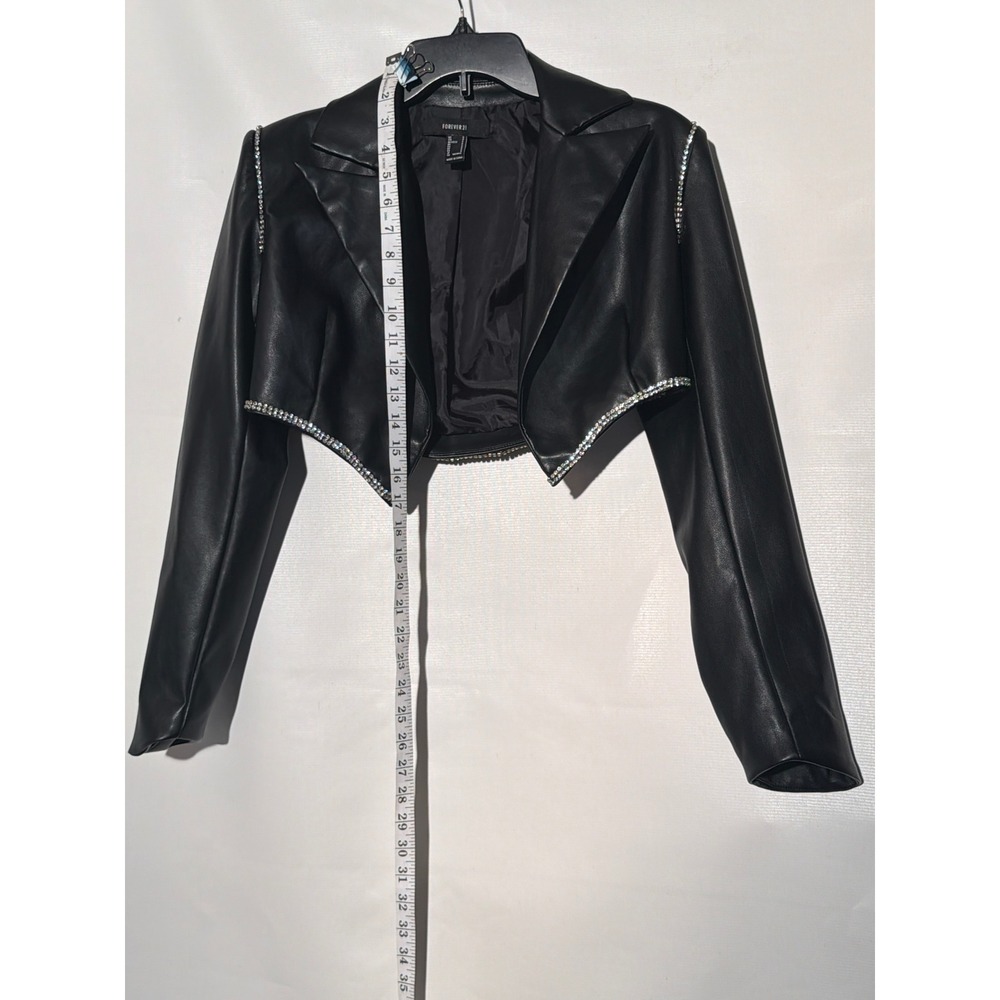 Forever 21 Faux Leather Cropped Jacket S Black Rhinestone Trim Open Front - Picture 2 of 5